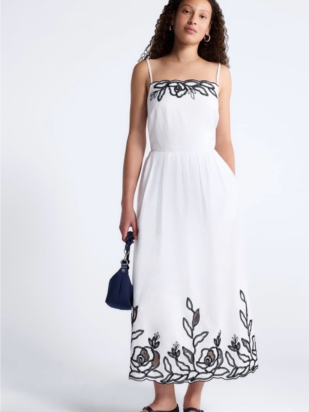 White Embroidered Maxi Dress with Black Floral Trim